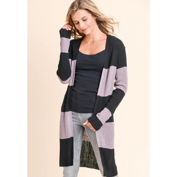 Purple Black Striped Cardigan Sweater - Picture 2 of 4